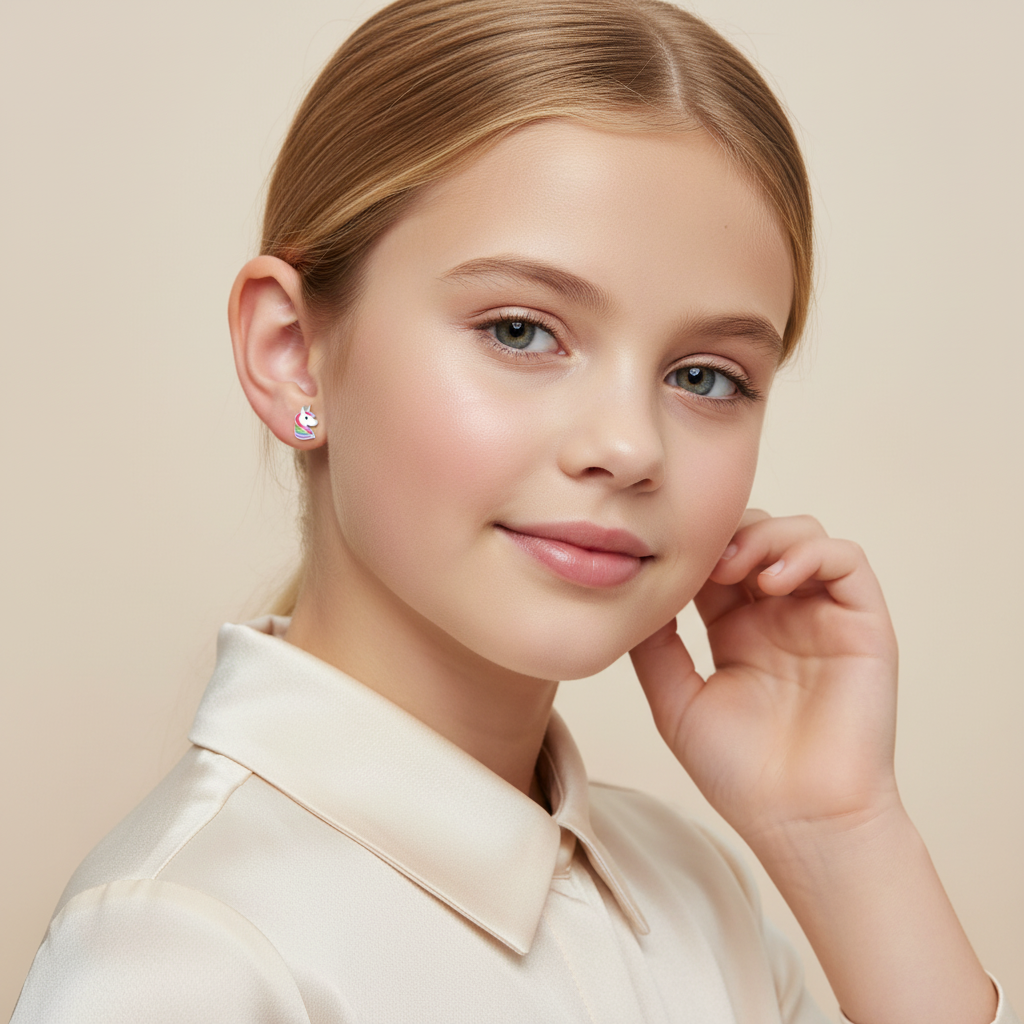 Melchior Jewellery kids colourful unicorn screw back studs worn by a smiling young girl in cream blouse