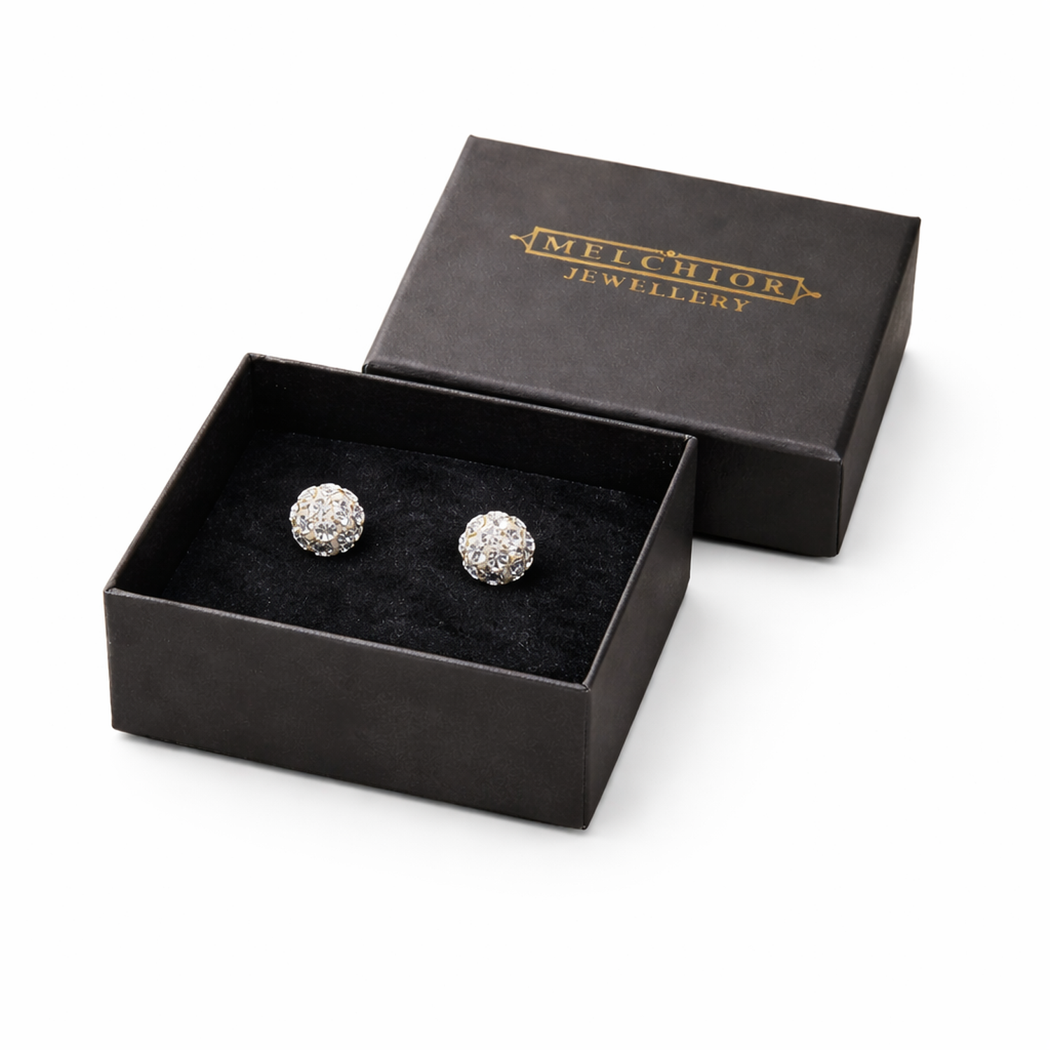 Melchior Jewellery kids crystal ball stud earrings displayed in a black branded gift box