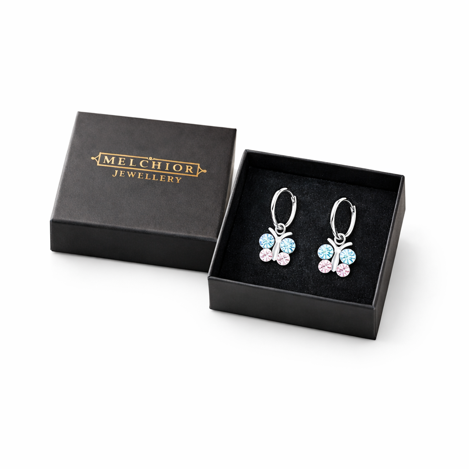 Melchior Jewellery kids crystal butterfly hoop earrings in silver with blue and pink crystals in gift box