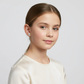 Girl wearing Melchior Jewellery kids crystal dog stud earrings in white and silver design