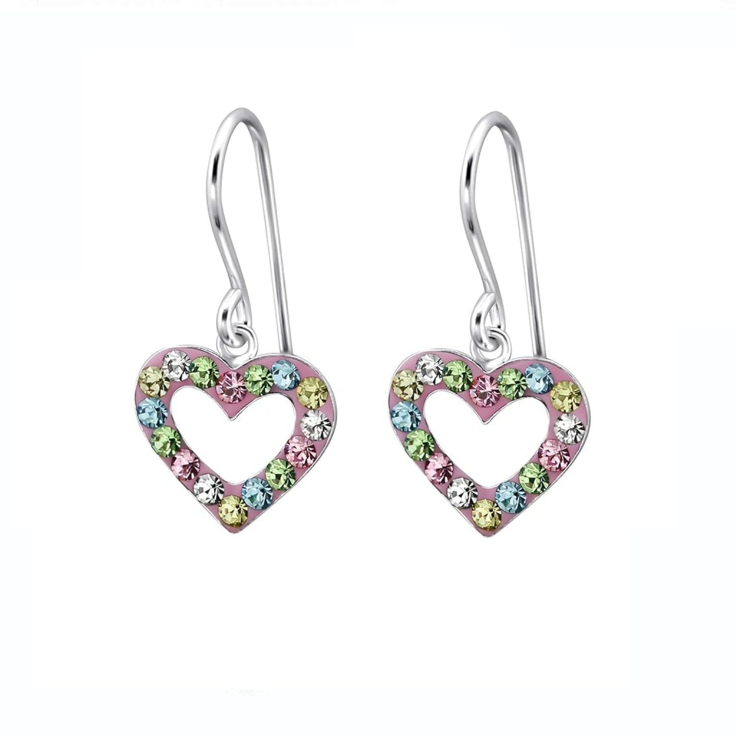Melchior Jewellery kids crystal heart drop earrings with multicolour stones on silver hooks