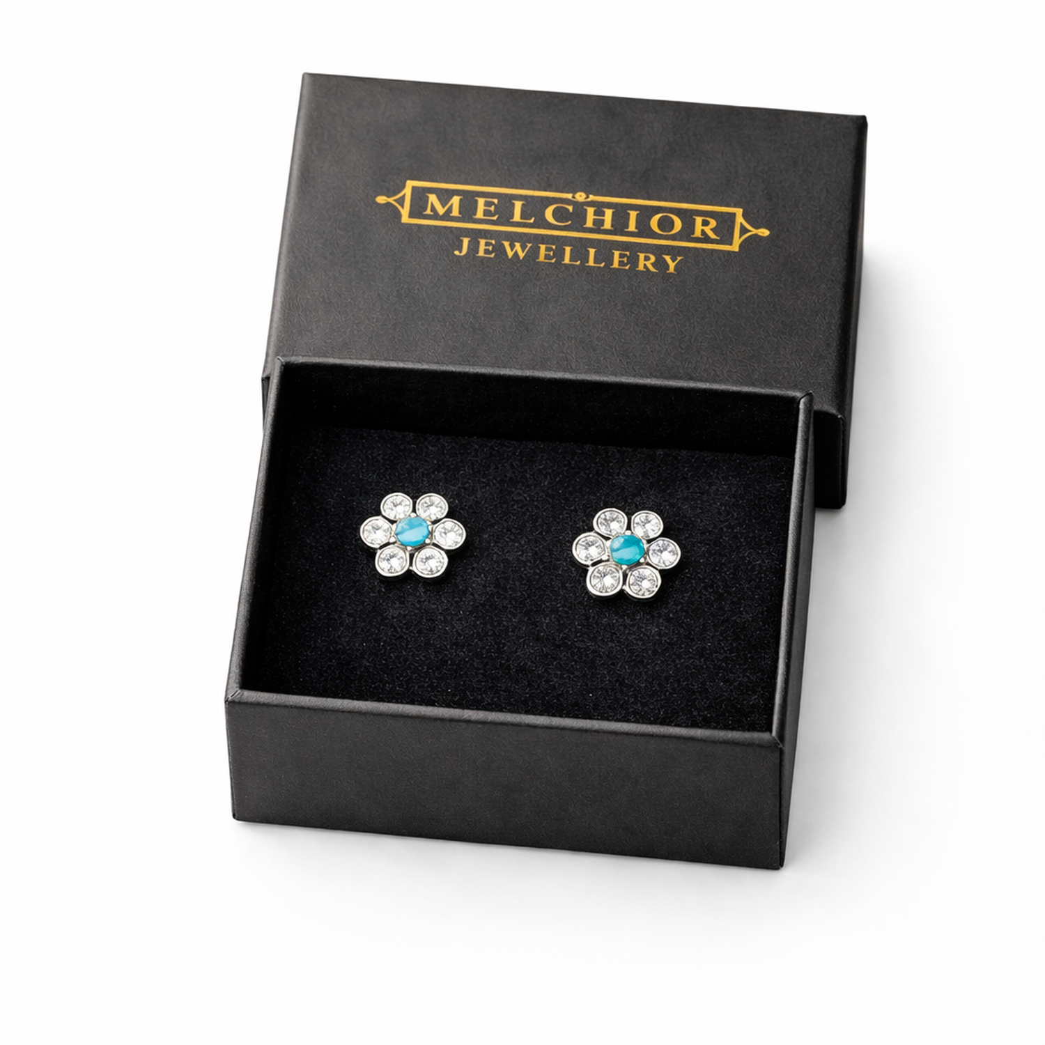 Melchior Jewellery kids crystal stud earrings hypoallergenic flower design in black gift box