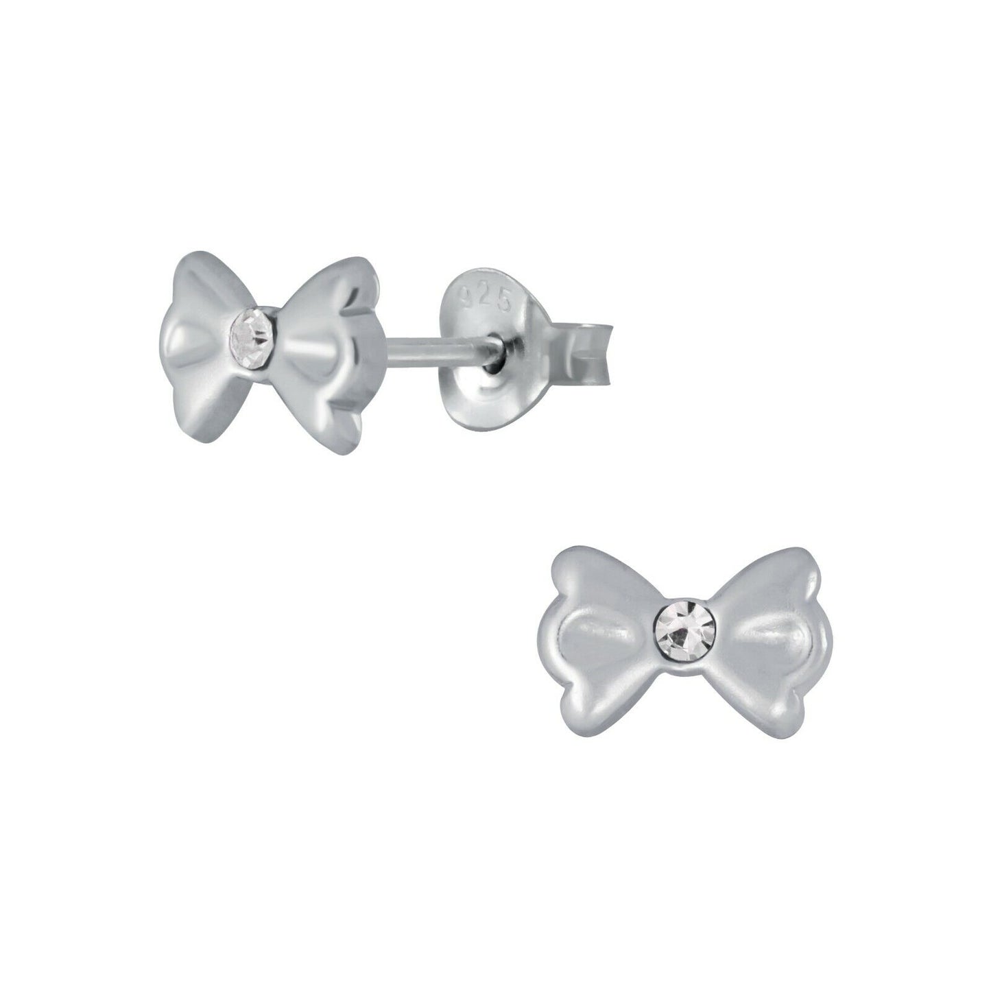 Melchior Jewellery kids CZ bow stud earrings in silver with clear cubic zirconia centre