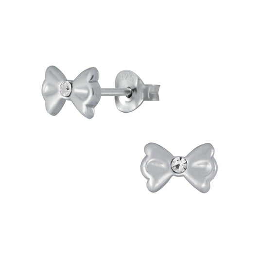 Melchior Jewellery kids CZ bow stud earrings in silver with clear cubic zirconia centre