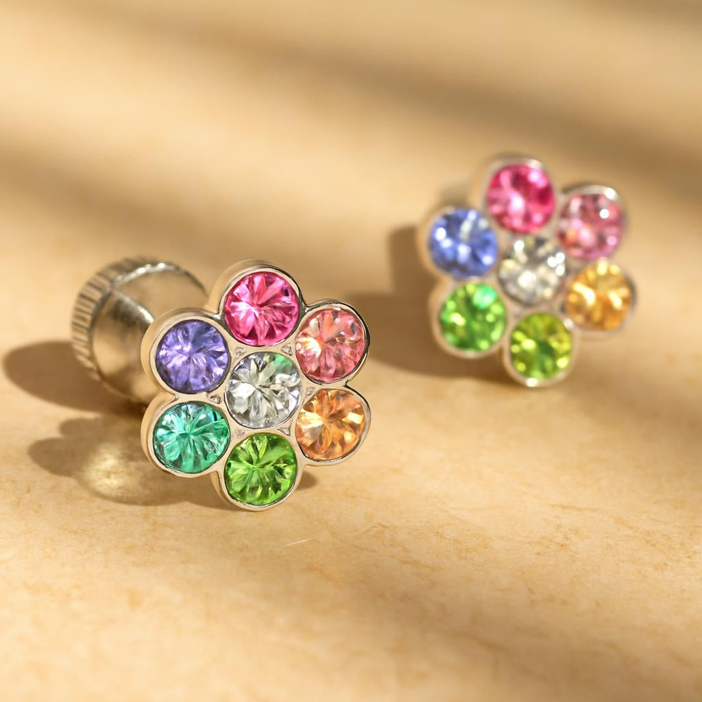 Melchior Jewellery kids CZ screw back earrings with colourful flower-shaped cubic zirconia stones