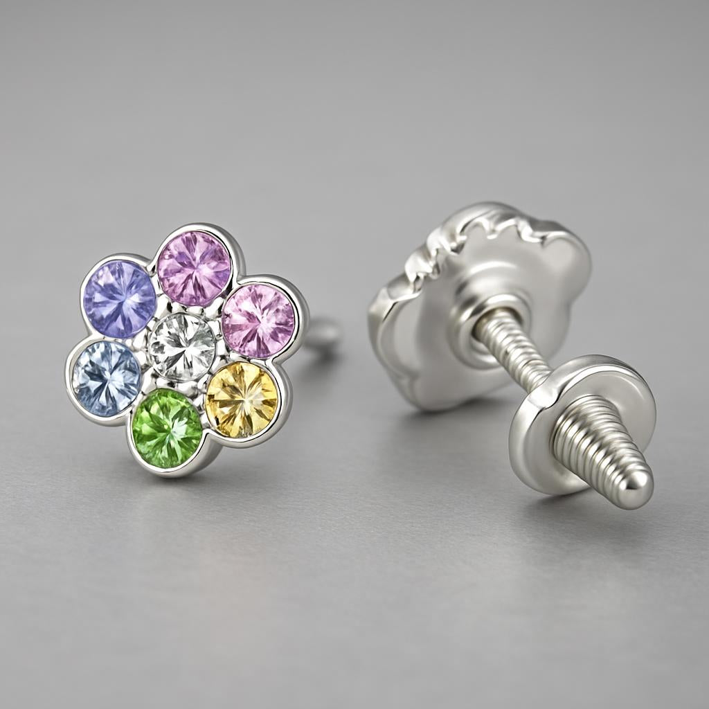 Melchior Jewellery kids CZ screw back earrings with multicolour cubic zirconia stones in flower design