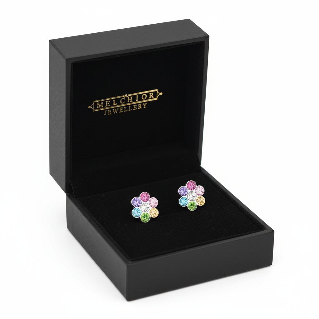 Melchior Jewellery kids CZ screw back earrings in a flower shape with multicoloured stones in black gift box