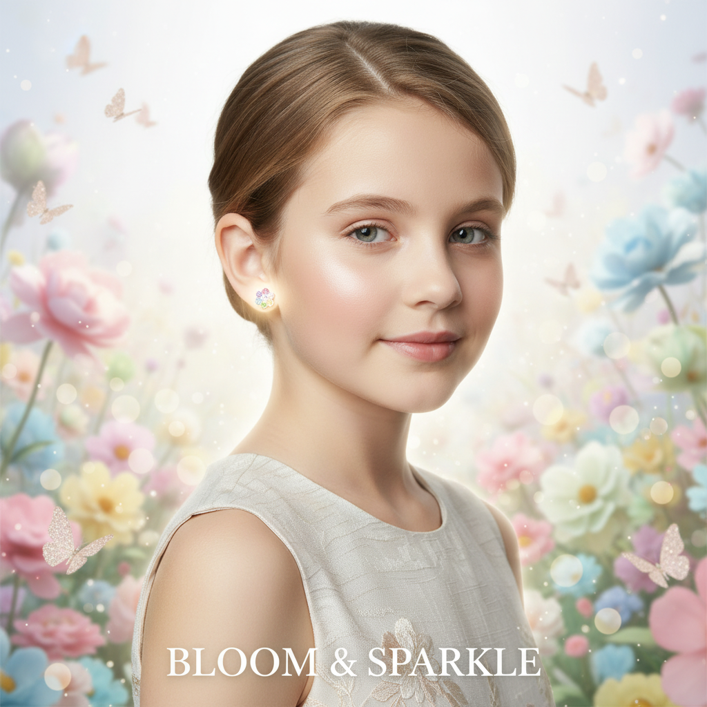 Young girl wearing kids CZ screw back earrings from Melchior Jewellery in a floral background