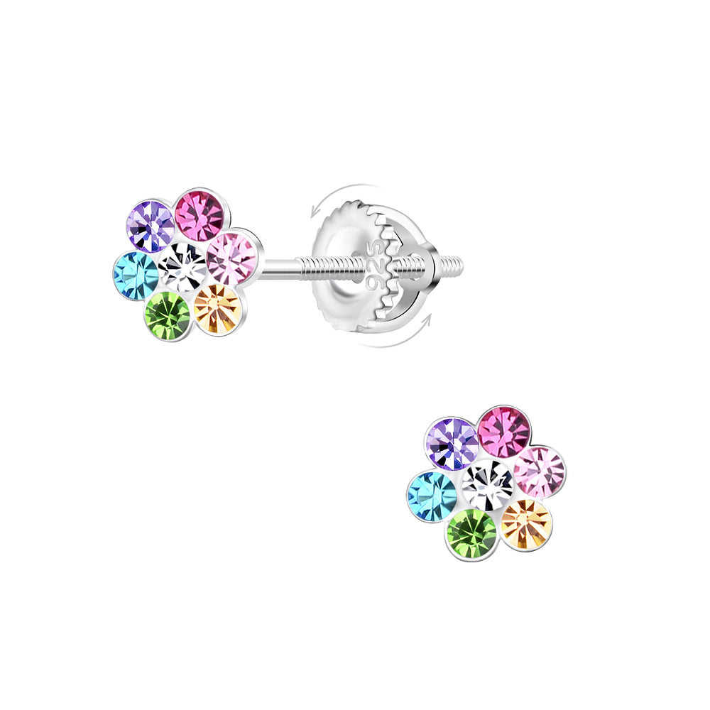 Melchior Jewellery kids CZ screw back earrings with multicoloured cubic zirconia flower design