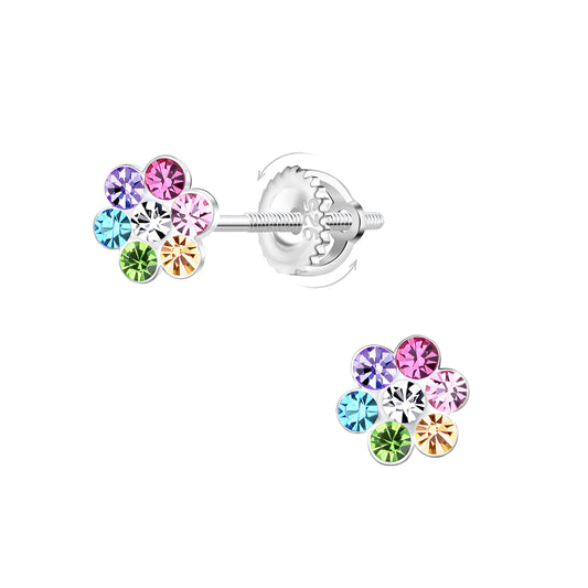 Melchior Jewellery kids CZ screw back earrings with multicoloured cubic zirconia flower design