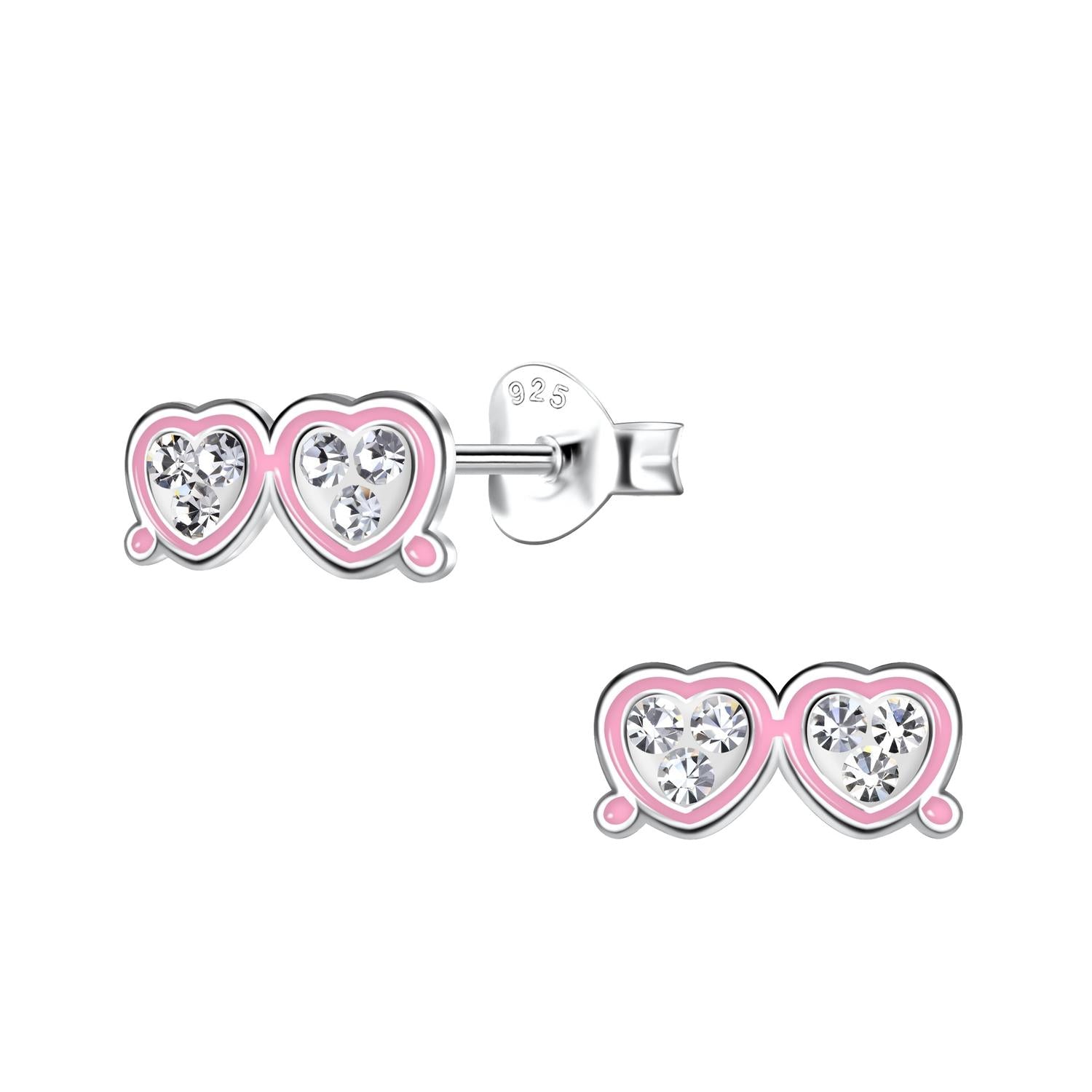 Melchior Jewellery kids CZ sunglasses stud earrings in pink and silver with sparkling cubic zirconia hearts