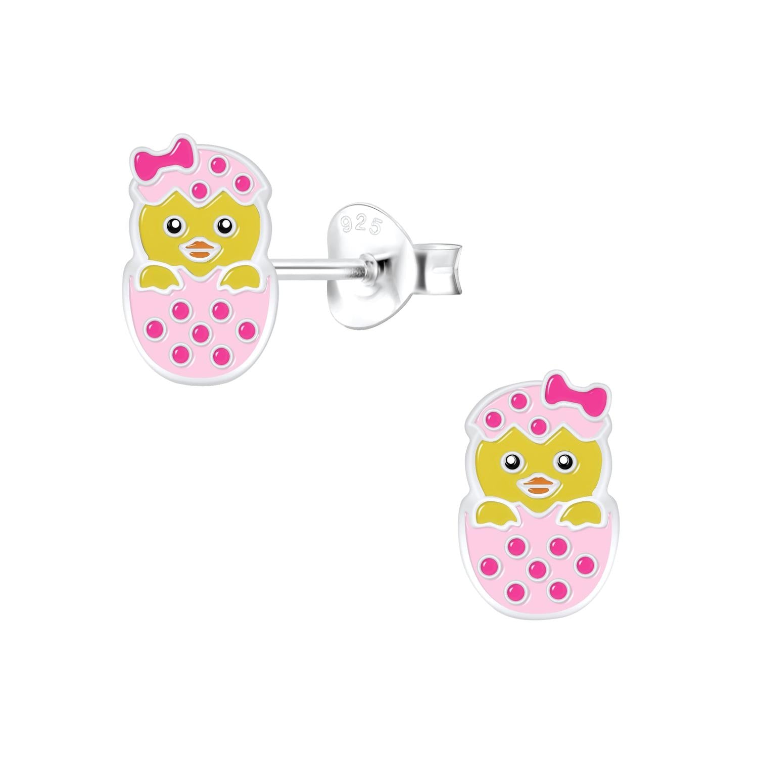sterling silver kids Easter egg earrings with yellow chick and pink decorated egg design