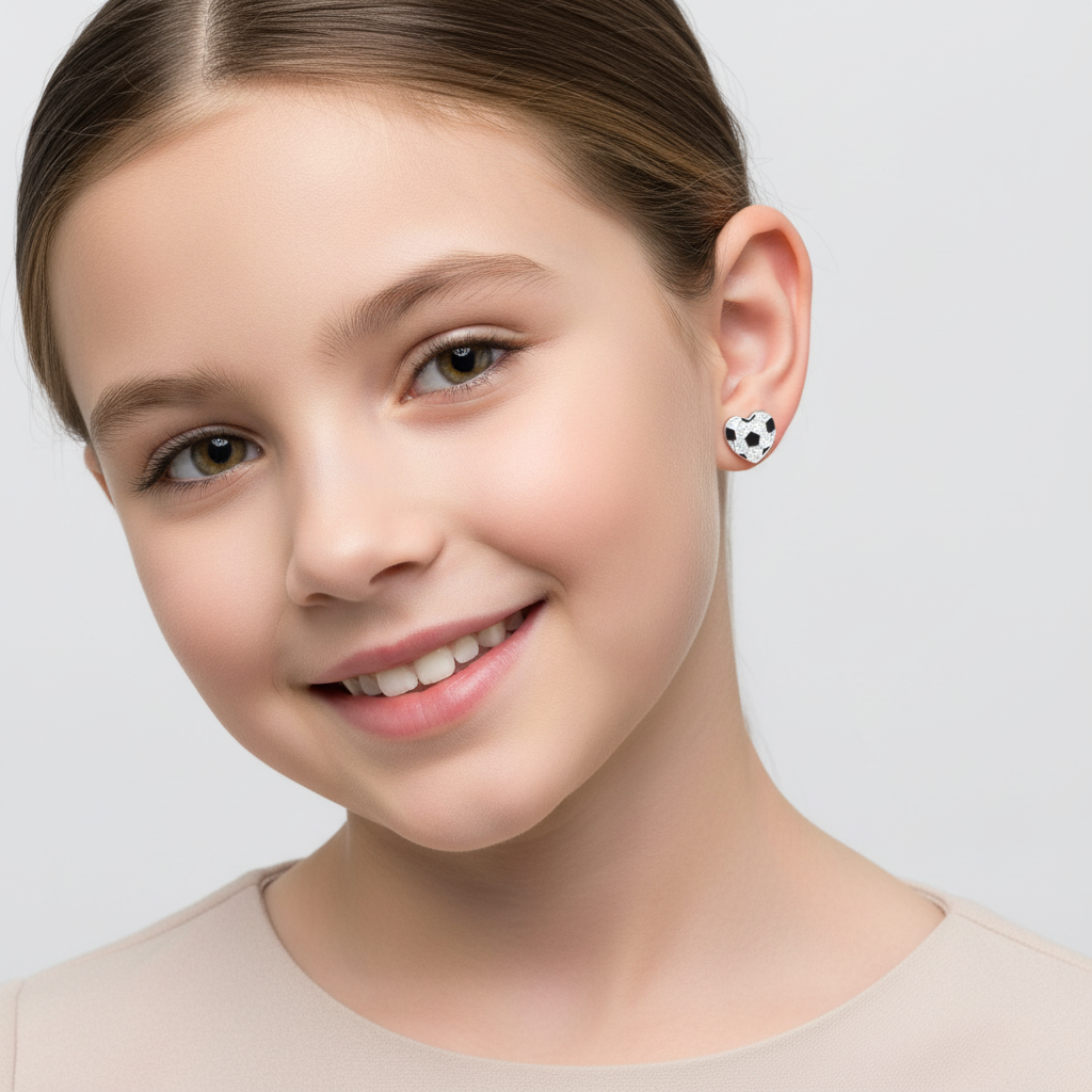 Melchior Jewellery kids Football heart earrings worn by a smiling child with a close-up face