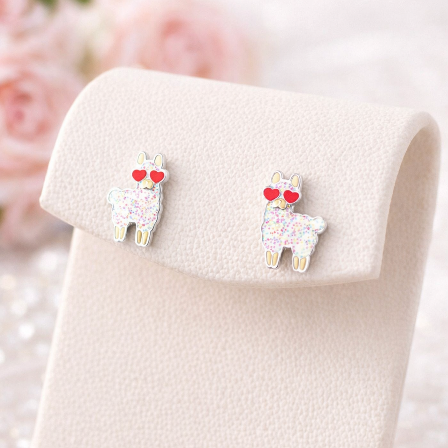 Melchior Jewellery kids glitter llama stud earrings with red heart eyes on white display