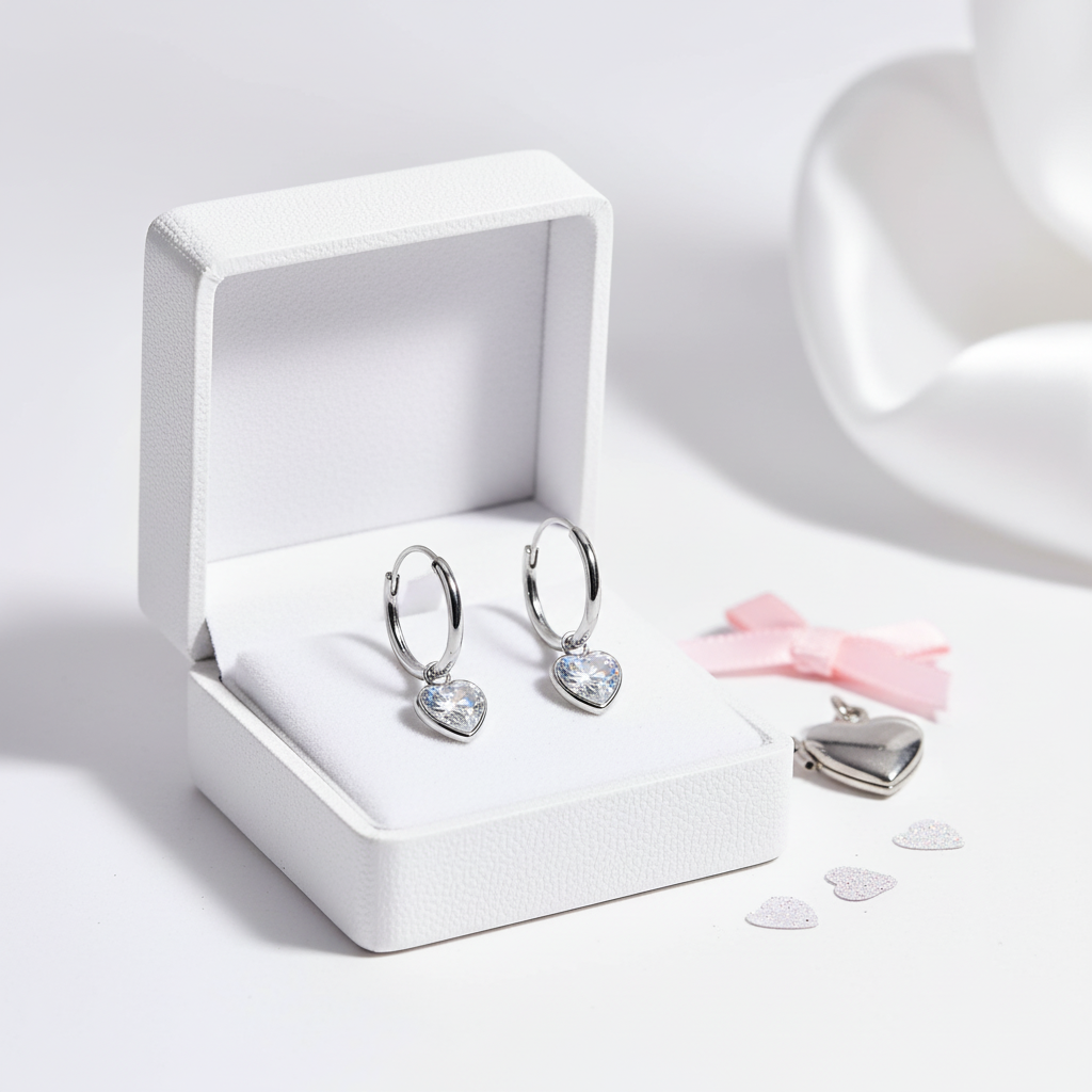 Kids heart CZ earrings hypoallergenic silver hoops with heart-shaped stones in white jewellery box