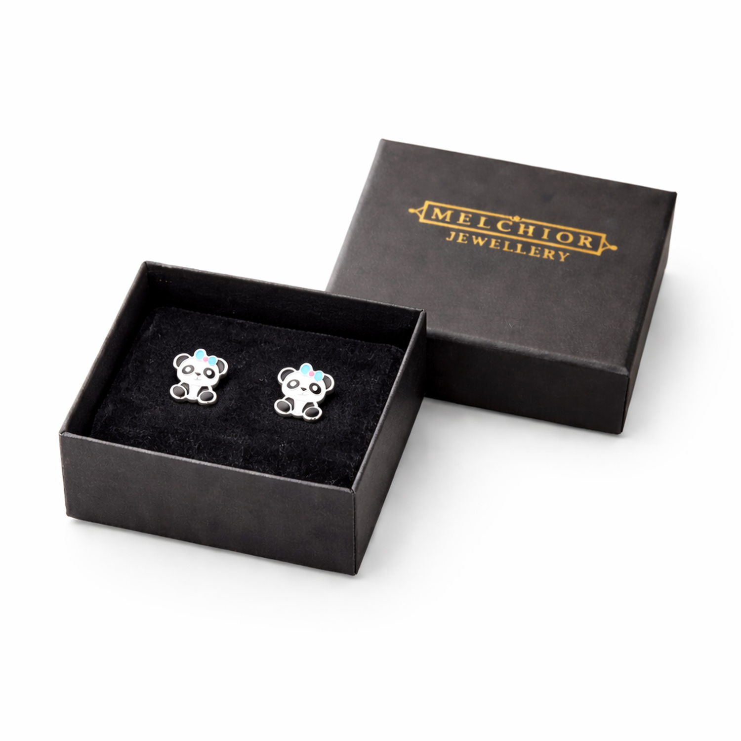 Melchior Jewellery kids hypoallergenic panda stud earrings in a black branded gift box