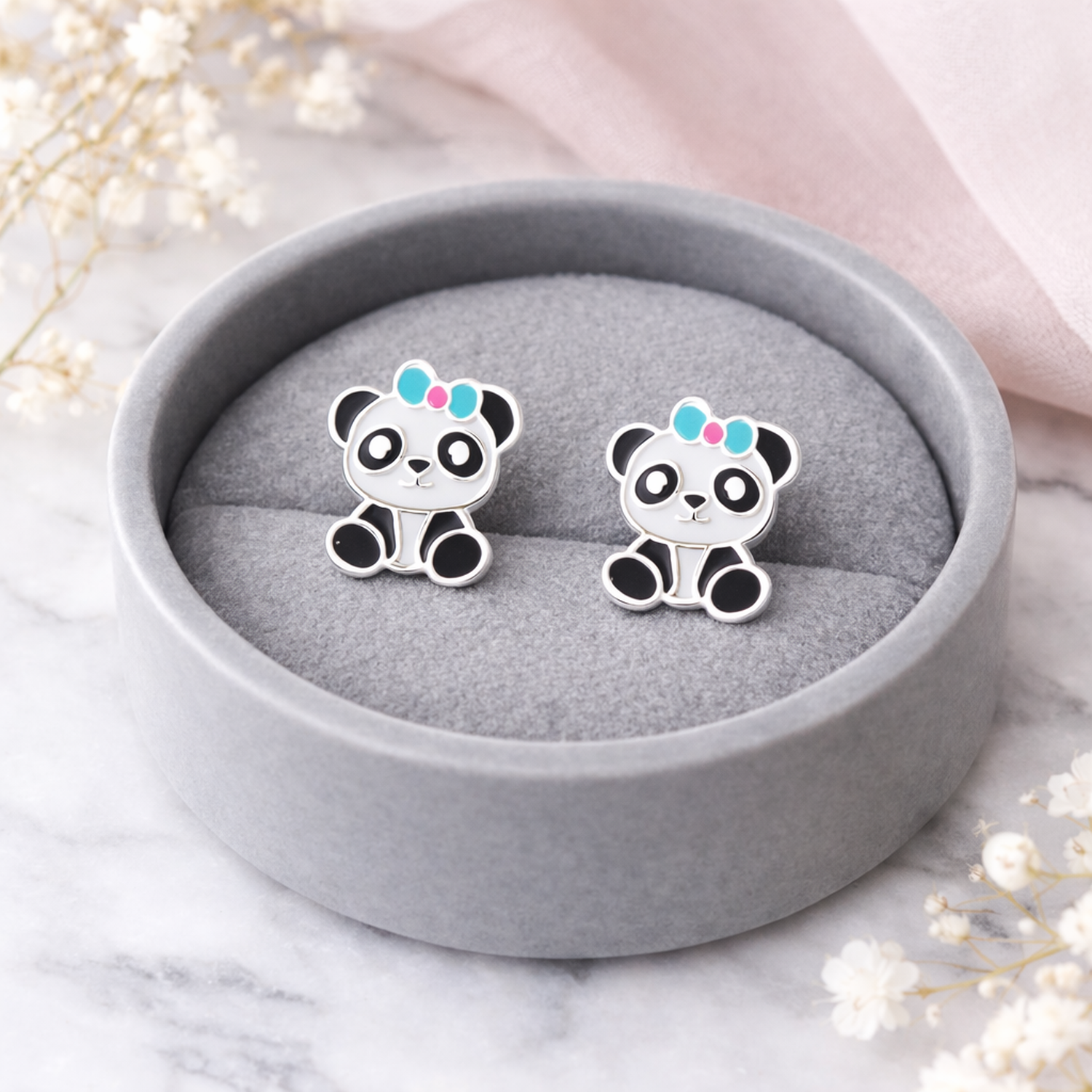 Melchior Jewellery kids hypoallergenic panda stud earrings in grey velvet display box