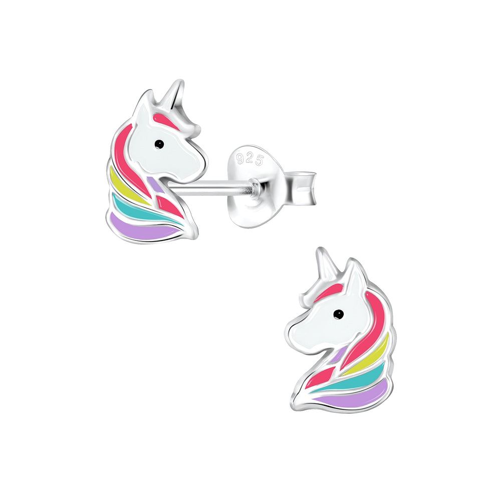 Melchior Jewellery kids hypoallergenic unicorn stud earrings with colourful rainbow mane in silver