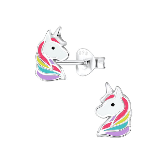 Melchior Jewellery kids hypoallergenic unicorn stud earrings with colourful rainbow mane in silver