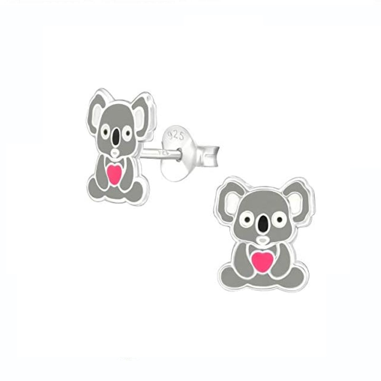 Melchior Jewellery kids koala bear stud earrings in silver with pink heart detail for children
