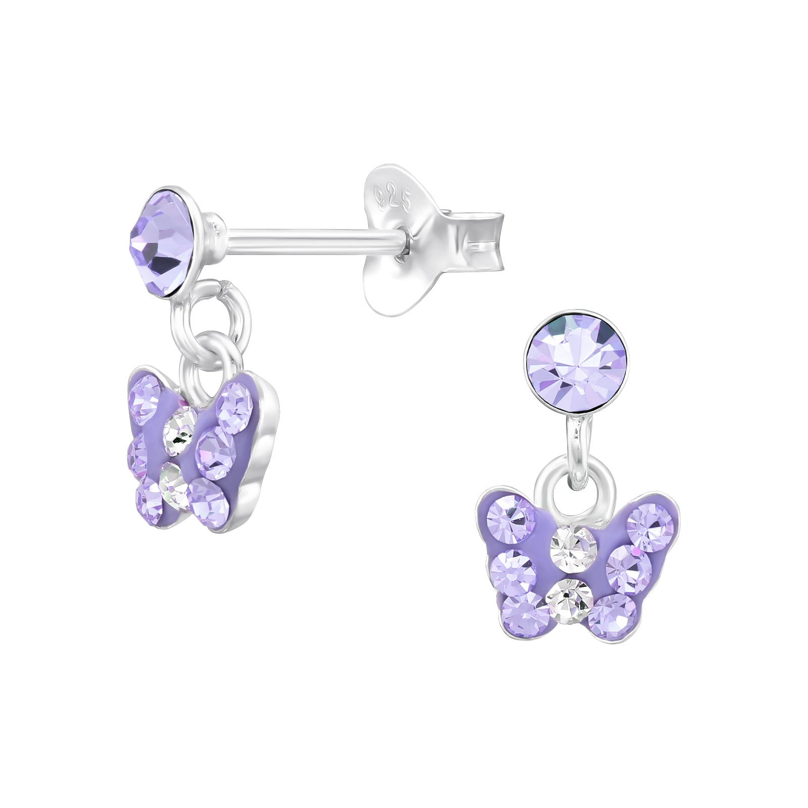 Melchior Jewellery kids lilac drop earrings with butterfly charm and purple crystals for children