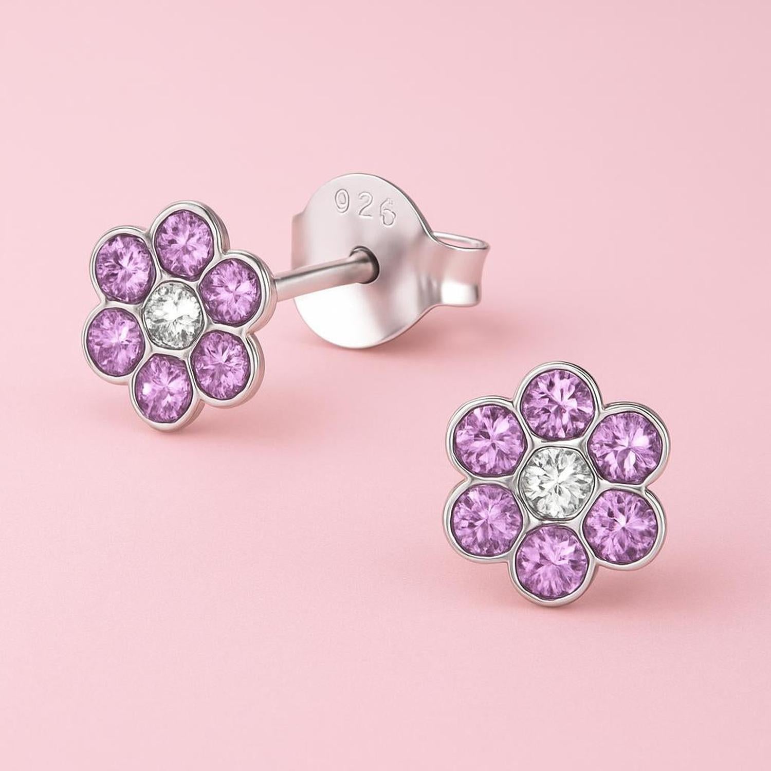 Melchior Jewellery kids lilac flower stud earrings with purple and clear gemstones on silver setting