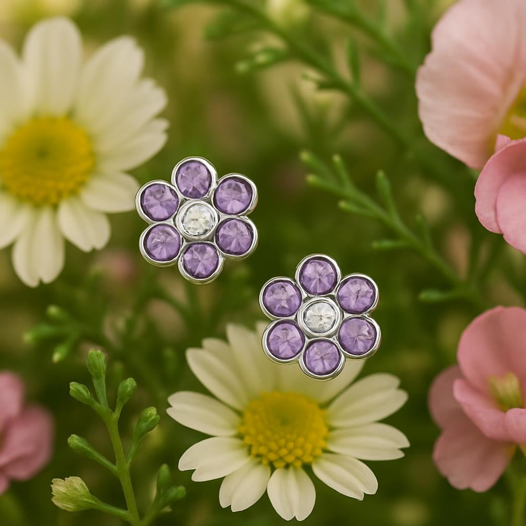 Melchior Jewellery kids lilac flower stud earrings featuring six lilac stones and a central clear gem