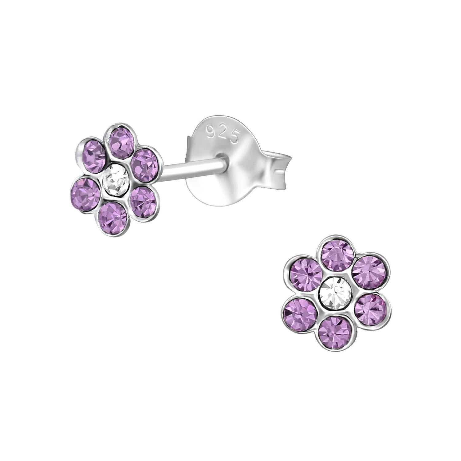 Melchior Jewellery kids lilac flower stud earrings with silver setting and purple gemstones