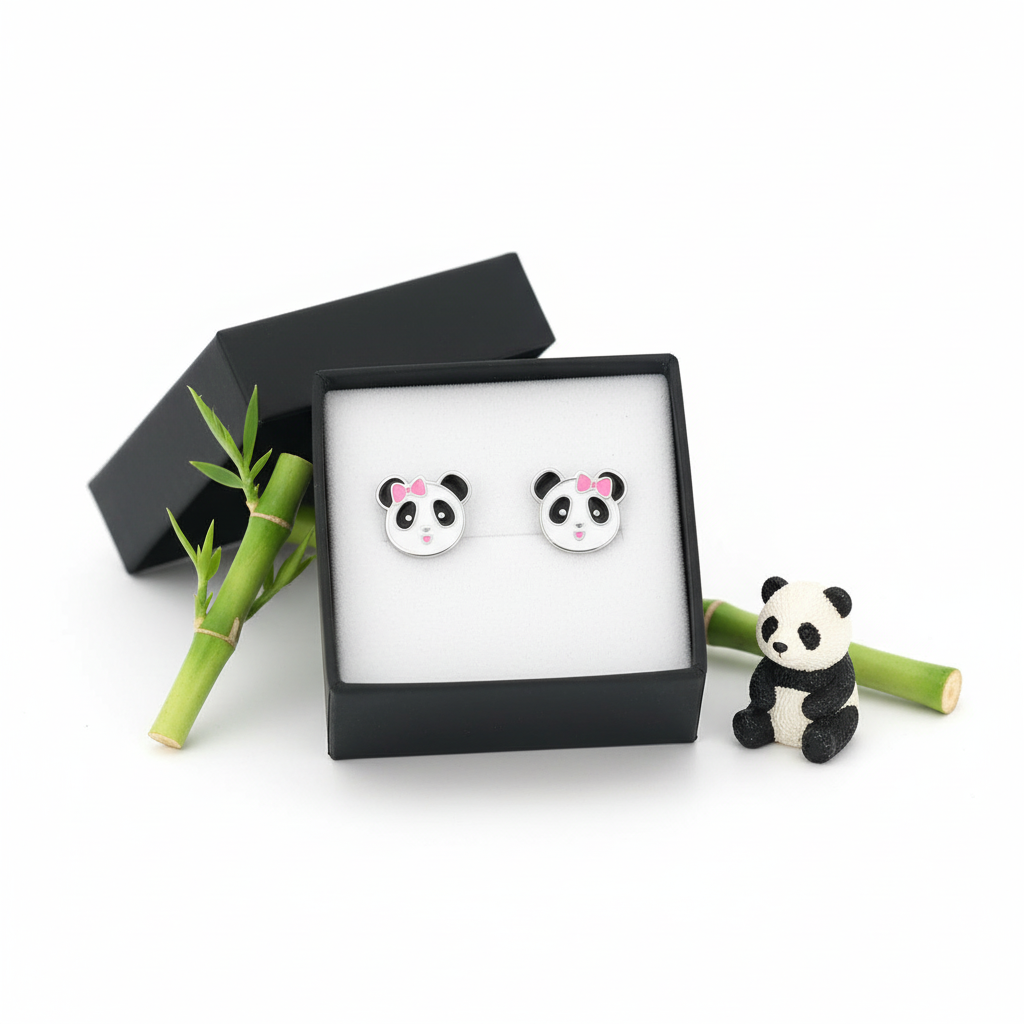 Melchior Jewellery kids panda bear stud earrings in a black gift box with bamboo and a small panda figure