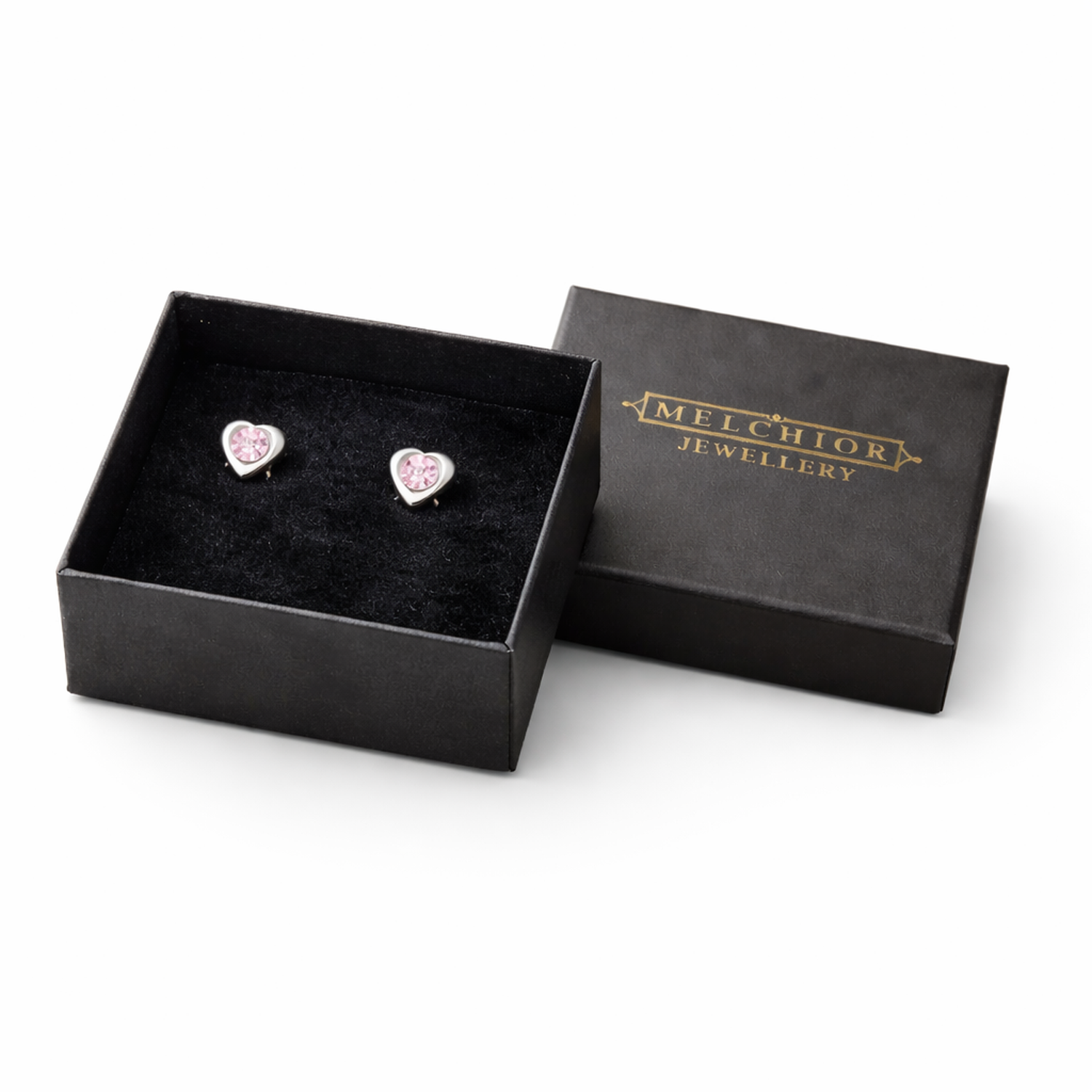 Melchior Jewellery kids pink crystal stud earrings heart-shaped in black gift box
