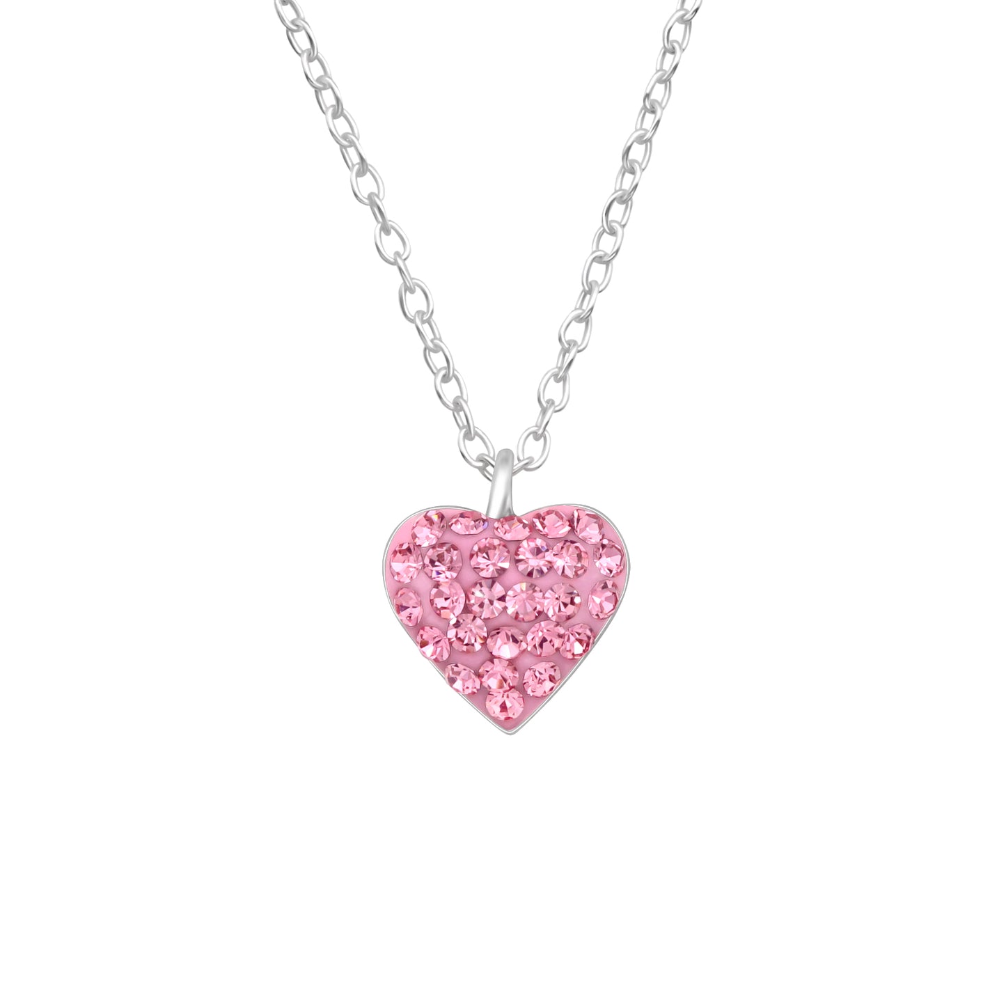 Kids pink heart necklace sterling silver pendant with pink crystals on silver chain
