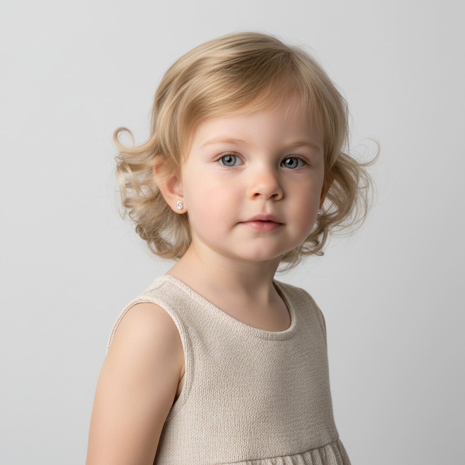 Young child wearing kids safe silver knot studs earrings by Melchior Jewellery in neutral studio setting