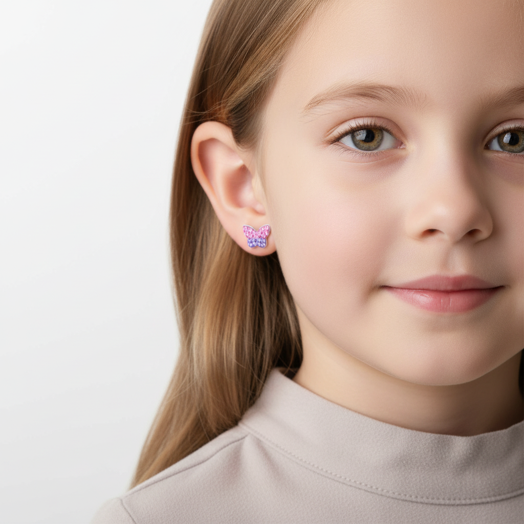 Melchior Jewellery kids screw back earrings silver butterfly design worn by young girl