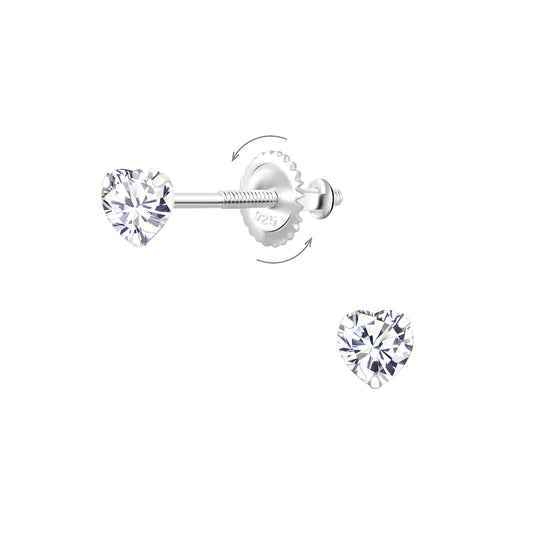 Melchior Jewellery heart shaped cubic zirconia studs in sterling silver kids screw back stud earrings