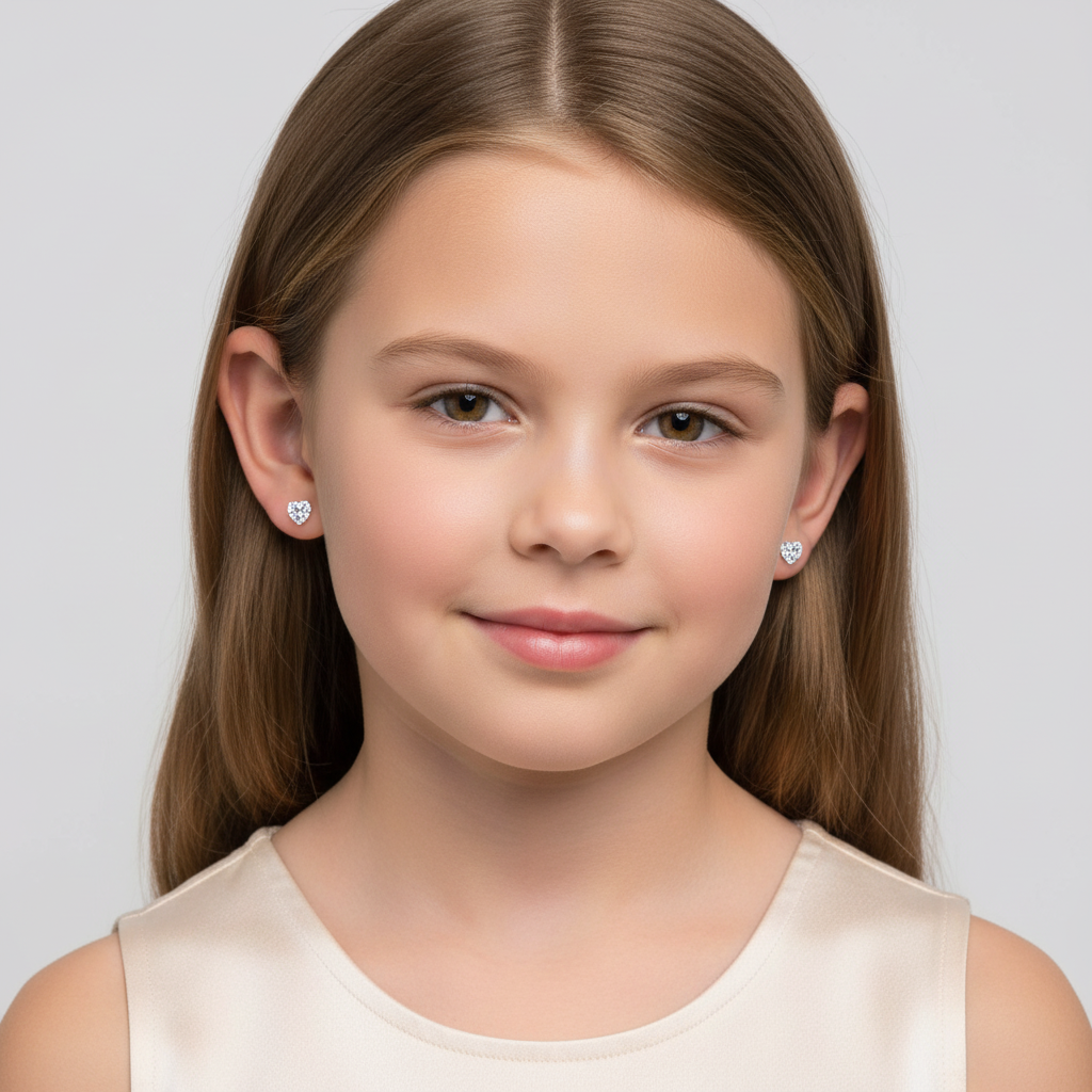 Melchior Jewellery kids screw back stud earrings worn by girl with long brown hair and cream top