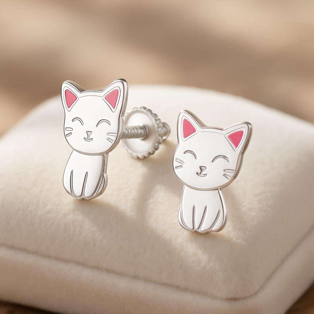 Melchior Jewellery kids silver cat screw back earrings with pink ear details for children