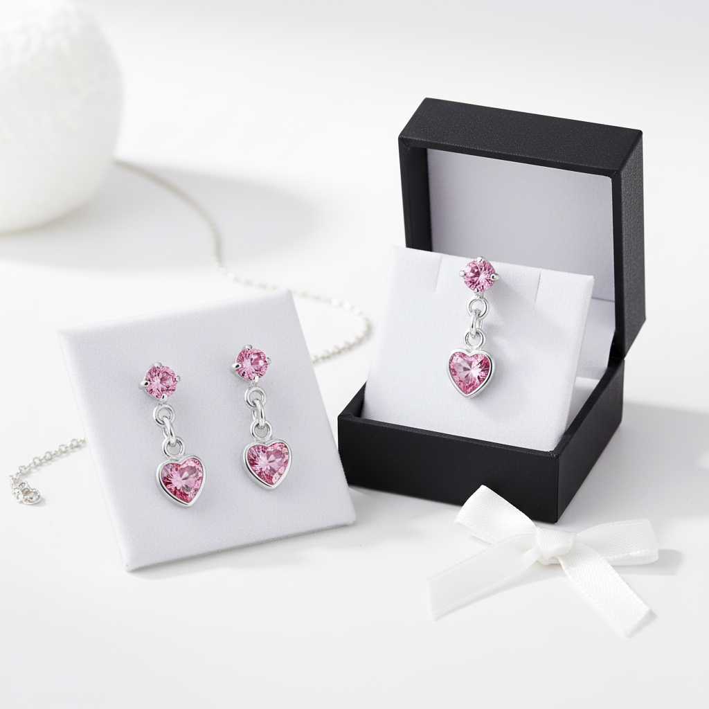 Melchior Jewellery kids silver heart drop earrings with pink gemstones displayed in gift box and on white card