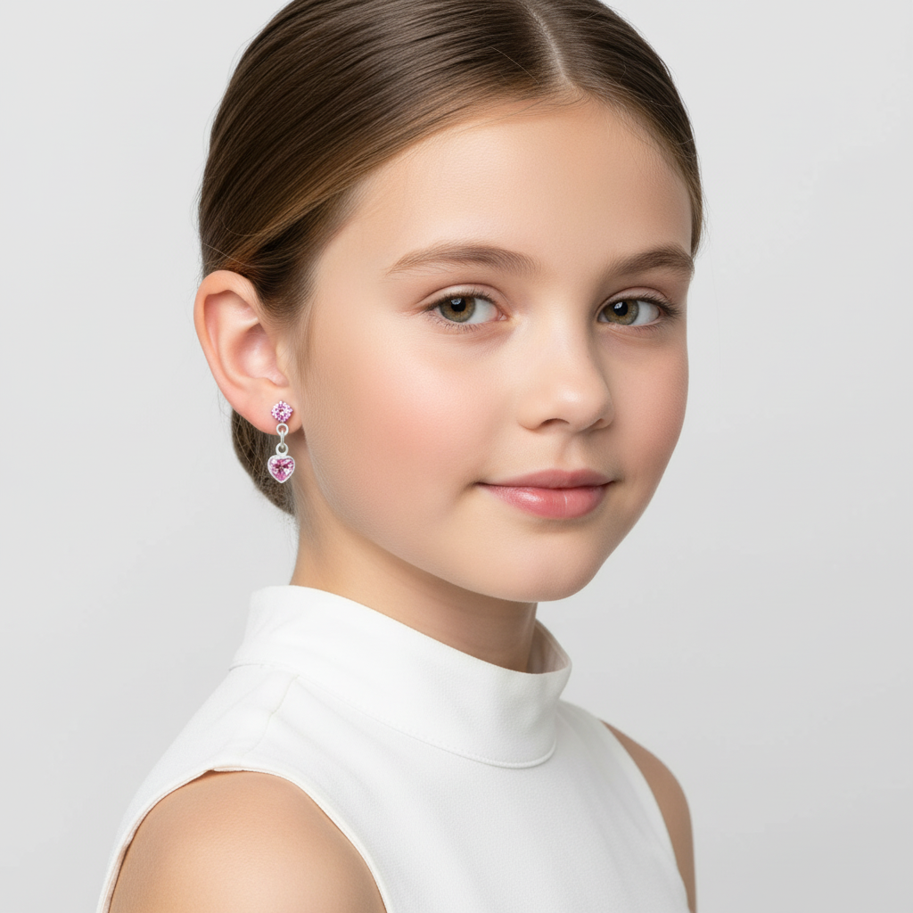 Young girl wearing Melchior Jewellery kids silver heart drop earrings with pink stones