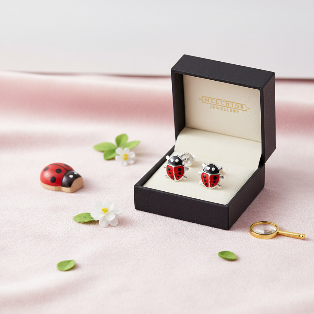 Melchior Jewellery kids silver ladybird screw back studs displayed in a black gift box on pink fabric