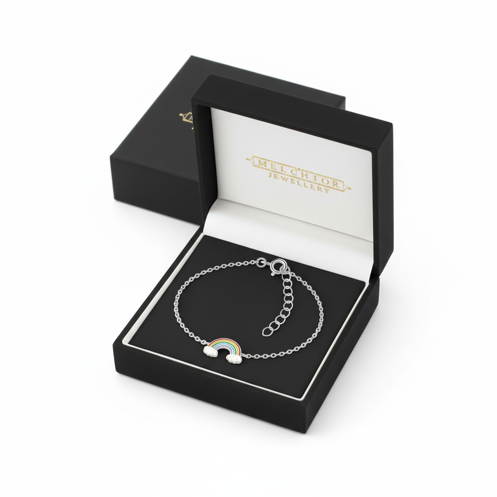 Kids silver rainbow bracelet by Melchior Jewellery displayed in a black gift box for children