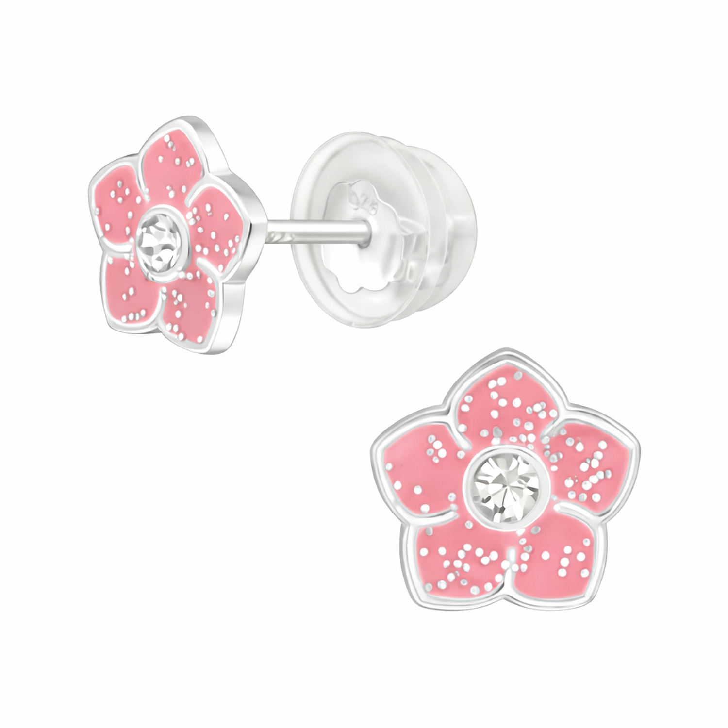 Kids Silver Sparkly Flower Stud Earrings by Melchior Jewellery with pink petals and clear gem centre