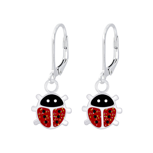 Melchior Jewellery kids sparkly ladybird leverback earrings silver plated red enamel ladybird dangle for children