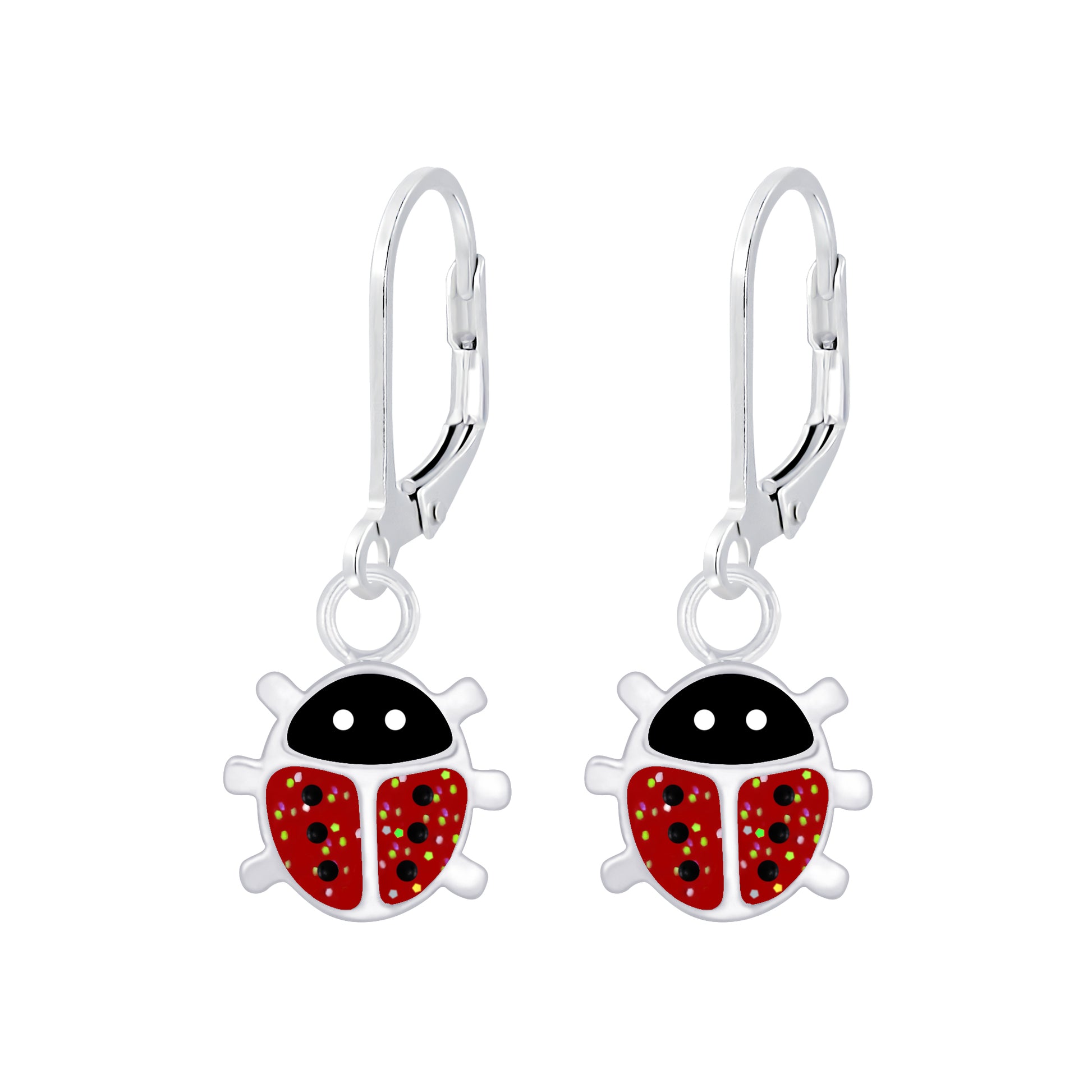 Melchior Jewellery kids sparkly ladybird leverback earrings in silver with red and black detailing