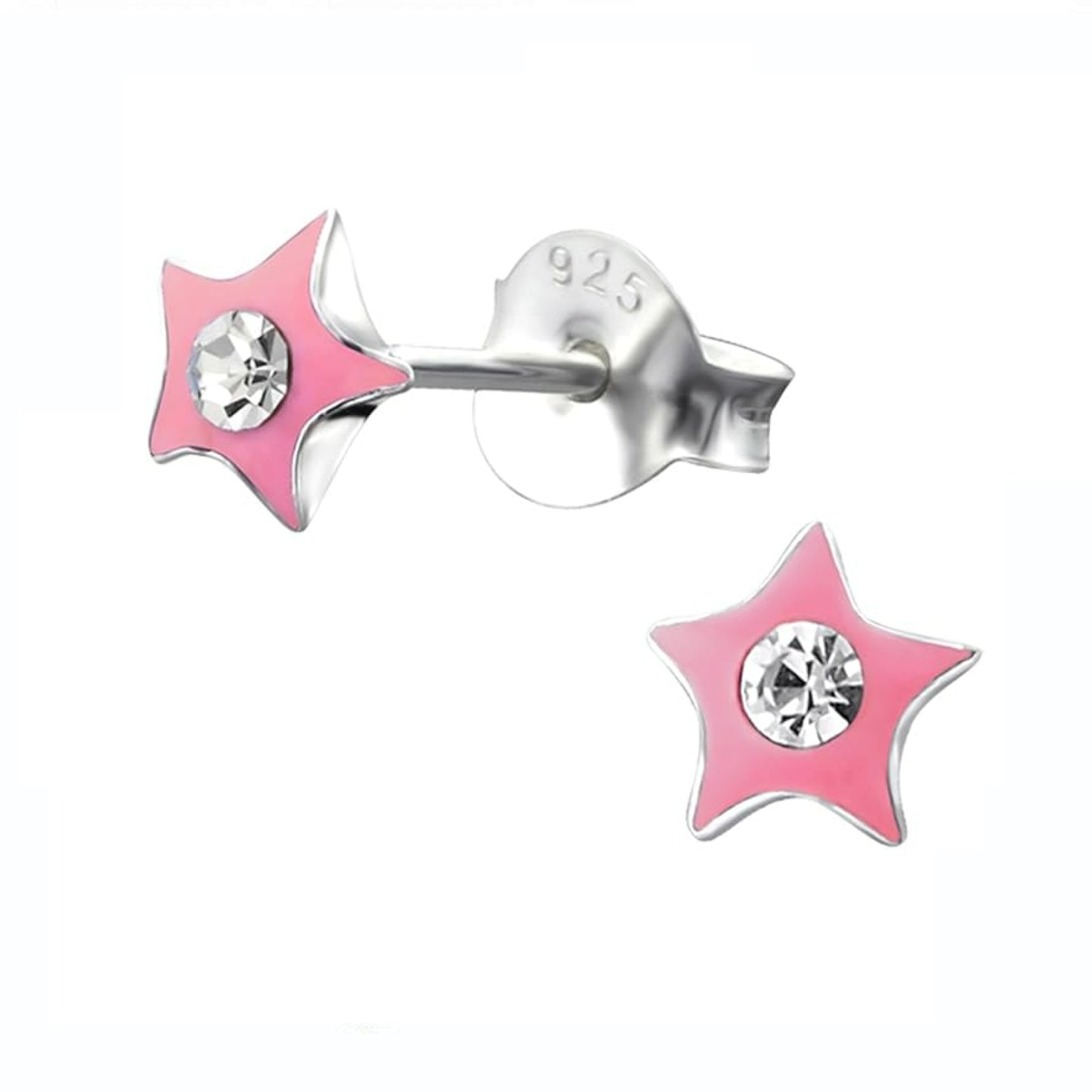 Melchior Jewellery kids star stud earrings silver with pink enamel and clear crystal centre for children