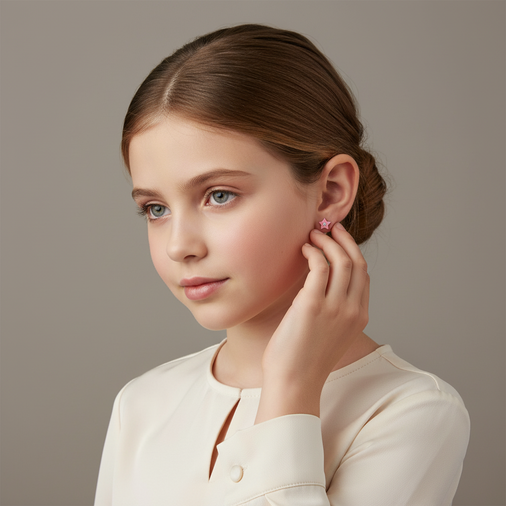 Young girl wearing Melchior Jewellery kids star stud earrings silver in pink design