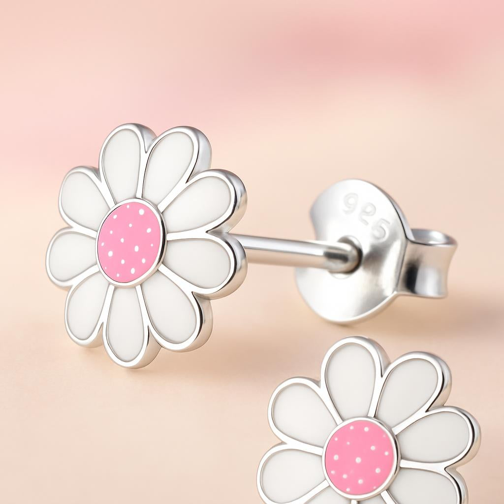Melchior Jewellery kids sterling silver flower studs with white petals and pink polka dot centre