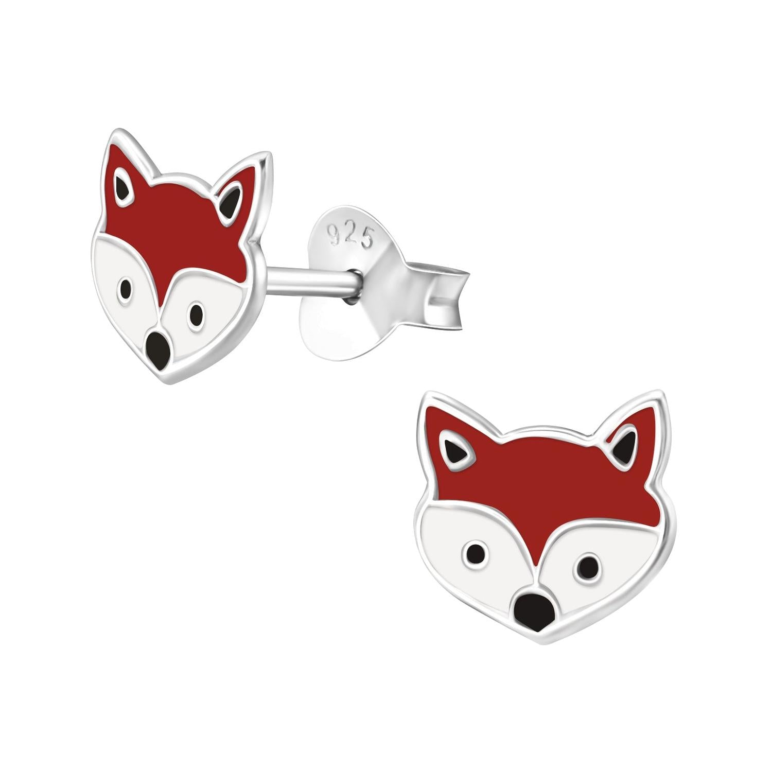 Melchior Jewellery kids sterling silver fox earrings with red and white enamel detailing