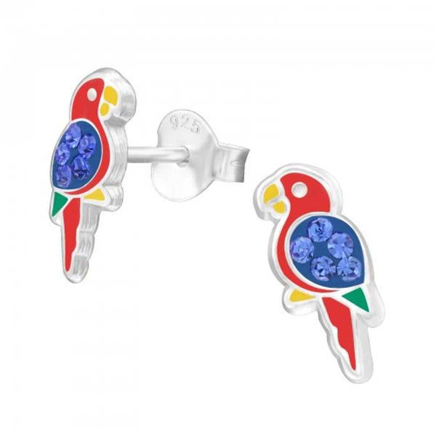 Kids sterling silver parrot earrings by Melchior Jewellery with red, yellow, green enamel and blue stones