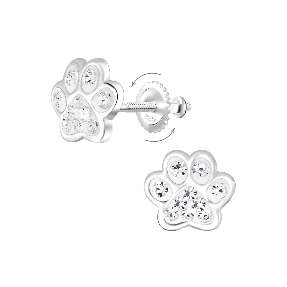 Melchior Jewellery kids sterling silver paw earrings with sparkling stones and secure screw back