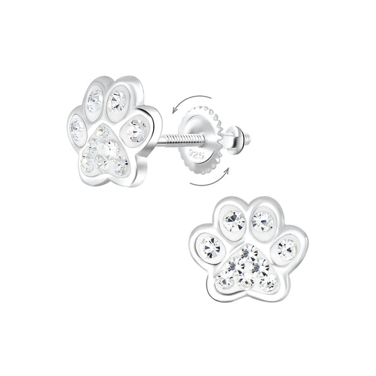 Melchior Jewellery kids sterling silver paw earrings with sparkling crystals for children